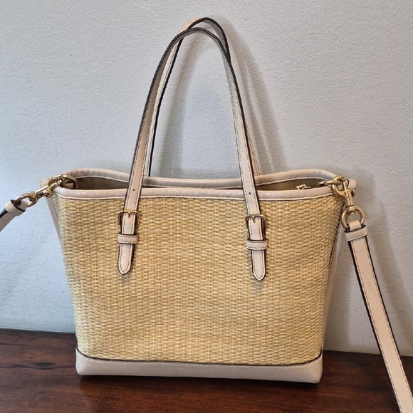 Coach Mollie Tote Straw with Beige Leather Trim and Tassel Crossbody - Picture 4 of 16